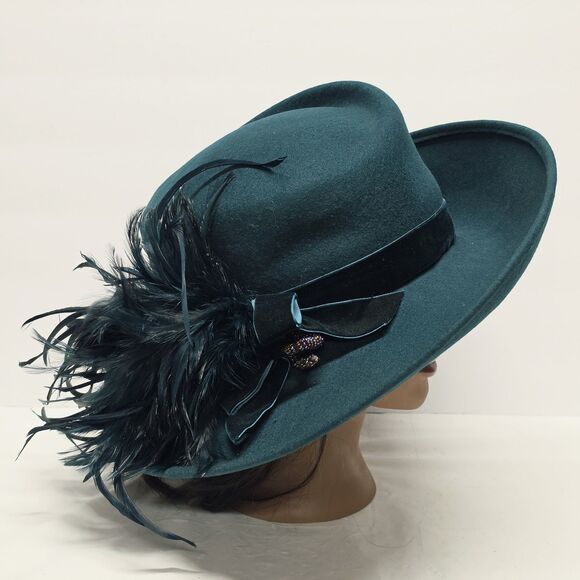 Vintage Plaza Suite NY Teal Wool Formal Hat Feathers Accent Church Evening Derby main image 6